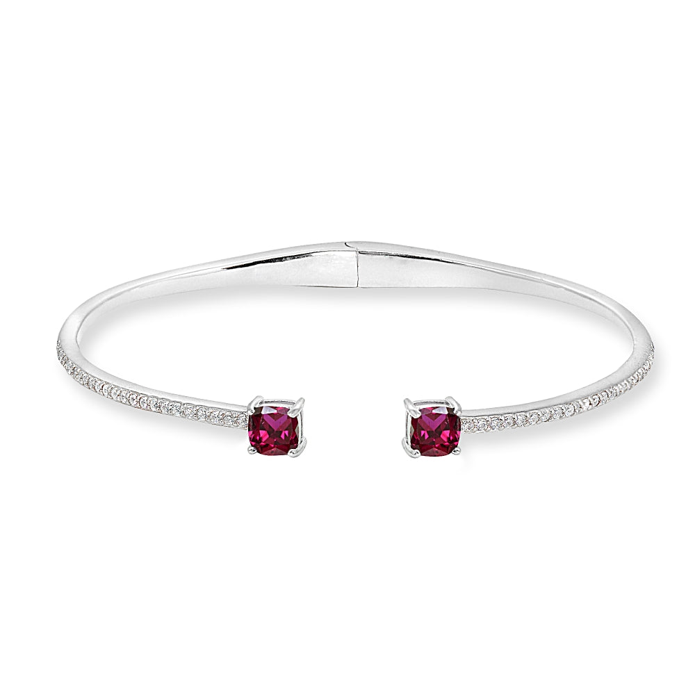 Sterling Silver Created Ruby & White Sapphire Cushion-Cut Dainty Cuff Bangle Bracelet