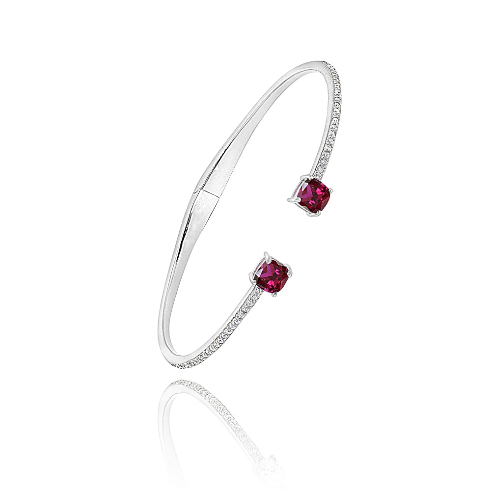 Sterling Silver Created Ruby & White Sapphire Cushion-Cut Dainty Cuff Bangle Bracelet-2