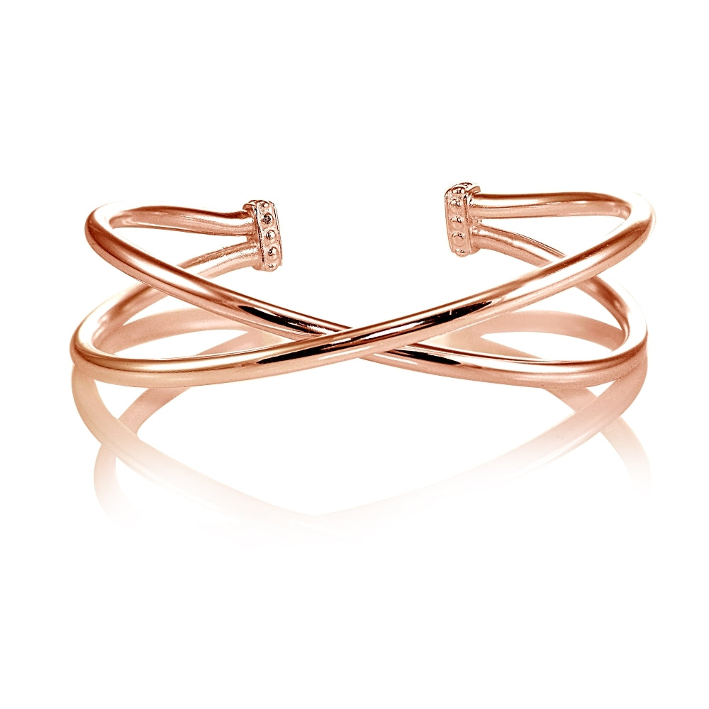 Rose Gold Flashed Sterling Silver High Polished Criss Cross Cuff Bangle Bracelet