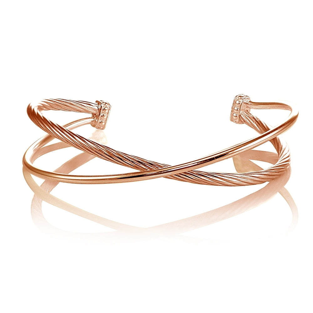 Rose Gold Flashed Sterling Silver Polished & Twist Criss Cross Cuff Bangle Bracelet