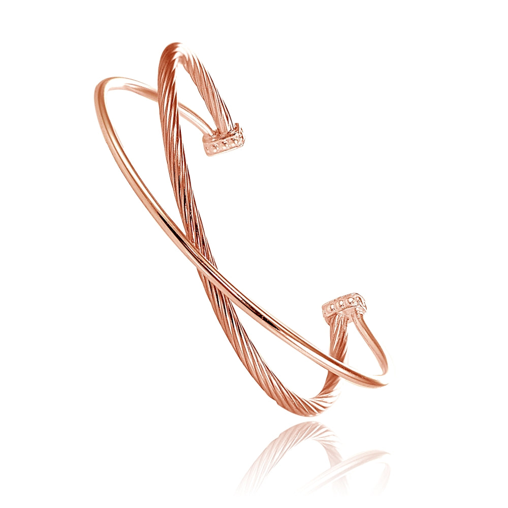 Rose Gold Flashed Sterling Silver Polished & Twist Criss Cross Cuff Bangle Bracelet-3