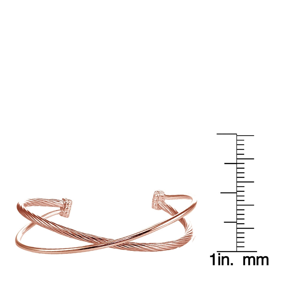 Rose Gold Flashed Sterling Silver Polished & Twist Criss Cross Cuff Bangle Bracelet-4