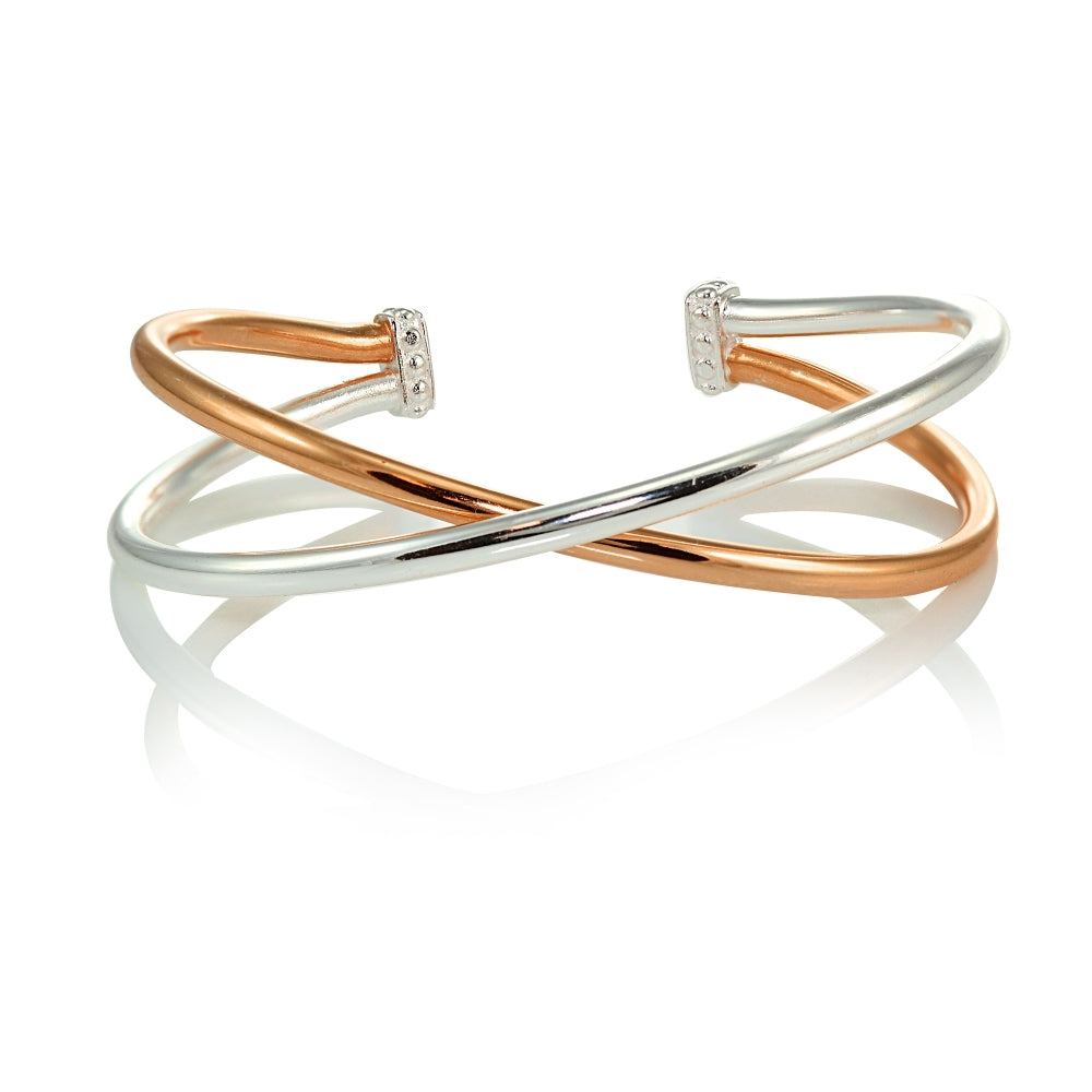 Rose Gold Flashed Sterling Silver High Polished Two Tone Criss Cross Cuff Bangle Bracelet