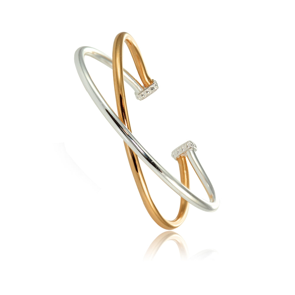 Rose Gold Flashed Sterling Silver High Polished Two Tone Criss Cross Cuff Bangle Bracelet-3