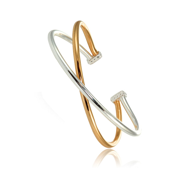 Rose Gold Flashed Sterling Silver High Polished Two Tone Criss Cross Cuff Bangle Bracelet