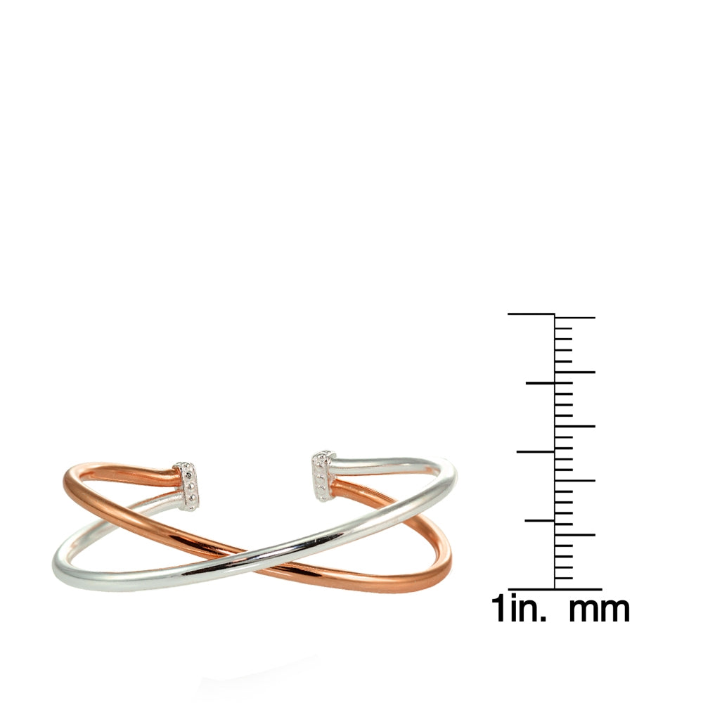 Rose Gold Flashed Sterling Silver High Polished Two Tone Criss Cross Cuff Bangle Bracelet-4