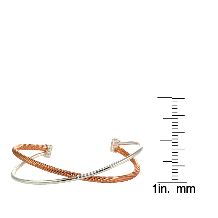 Rose Gold Flashed Sterling Silver Polished & Twist Two Tone Criss Cross Cuff Bangle Bracelet