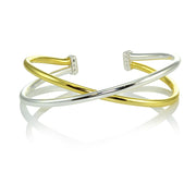 Yellow Gold Flashed Sterling Silver High Polished Two Tone Criss Cross Cuff Bangle Bracelet
