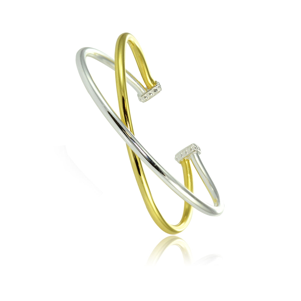 Yellow Gold Flashed Sterling Silver High Polished Two Tone Criss Cross Cuff Bangle Bracelet-3
