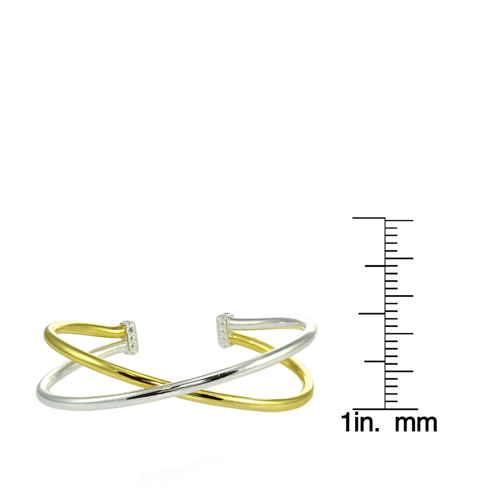 Yellow Gold Flashed Sterling Silver High Polished Two Tone Criss Cross Cuff Bangle Bracelet-4