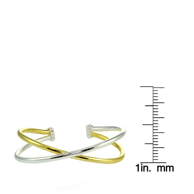 Yellow Gold Flashed Sterling Silver High Polished Two Tone Criss Cross Cuff Bangle Bracelet