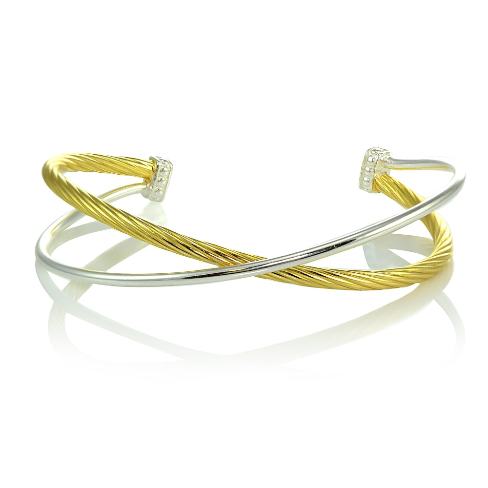 Yellow Gold Flashed Sterling Silver Polished & Twist Two Tone Criss Cross Cuff Bangle Bracelet