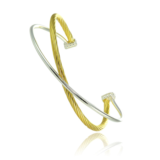 Yellow Gold Flashed Sterling Silver Polished & Twist Two Tone Criss Cross Cuff Bangle Bracelet