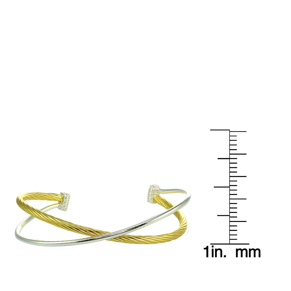 Yellow Gold Flashed Sterling Silver Polished & Twist Two Tone Criss Cross Cuff Bangle Bracelet-4
