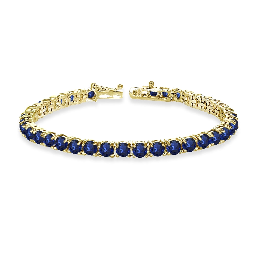 Yellow Gold Flashed Sterling Silver 4mm Created Blue Sapphire Round-cut Tennis Bracelet