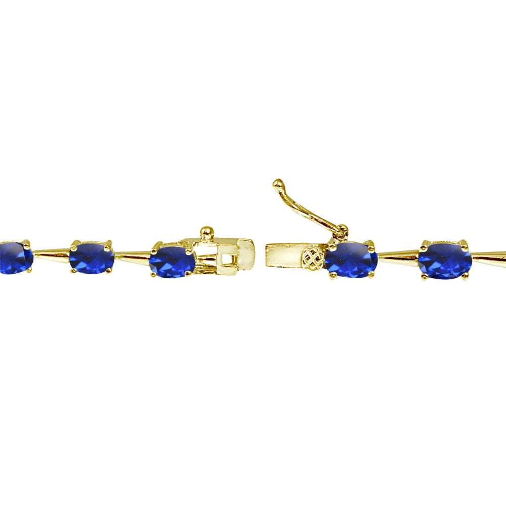 Yellow Gold Flashed Sterling Silver Created Blue Sapphire 6x4mm Oval Classic Link Tennis Bracelet-2