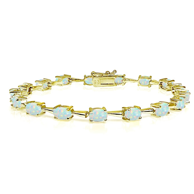 Yellow Gold Flashed Sterling Silver Created White Opal 6x4mm Oval Classic Link Tennis Bracelet
