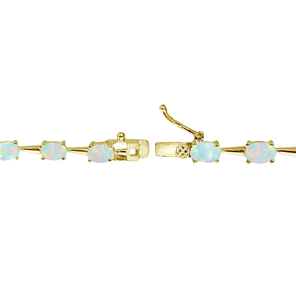 Yellow Gold Flashed Sterling Silver Created White Opal 6x4mm Oval Classic Link Tennis Bracelet-2