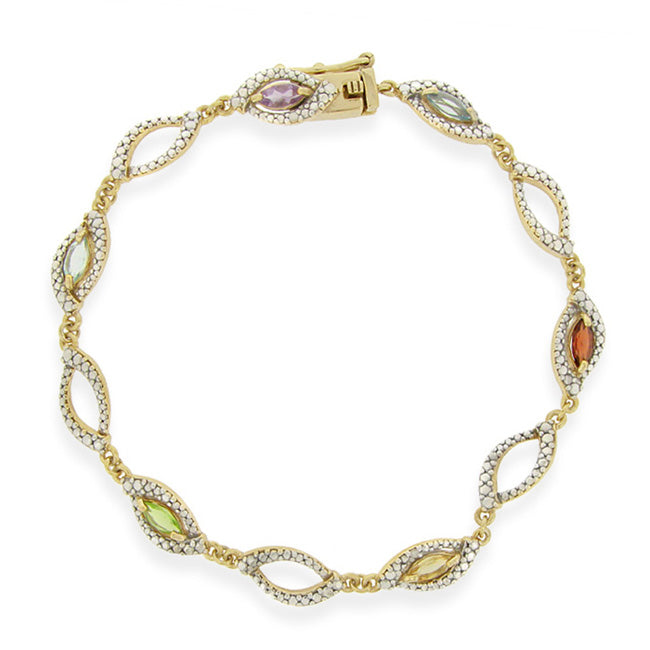 18K Gold over Sterling Silver Multi Gemstone & Diamond Accent Marquise Link Bracelet