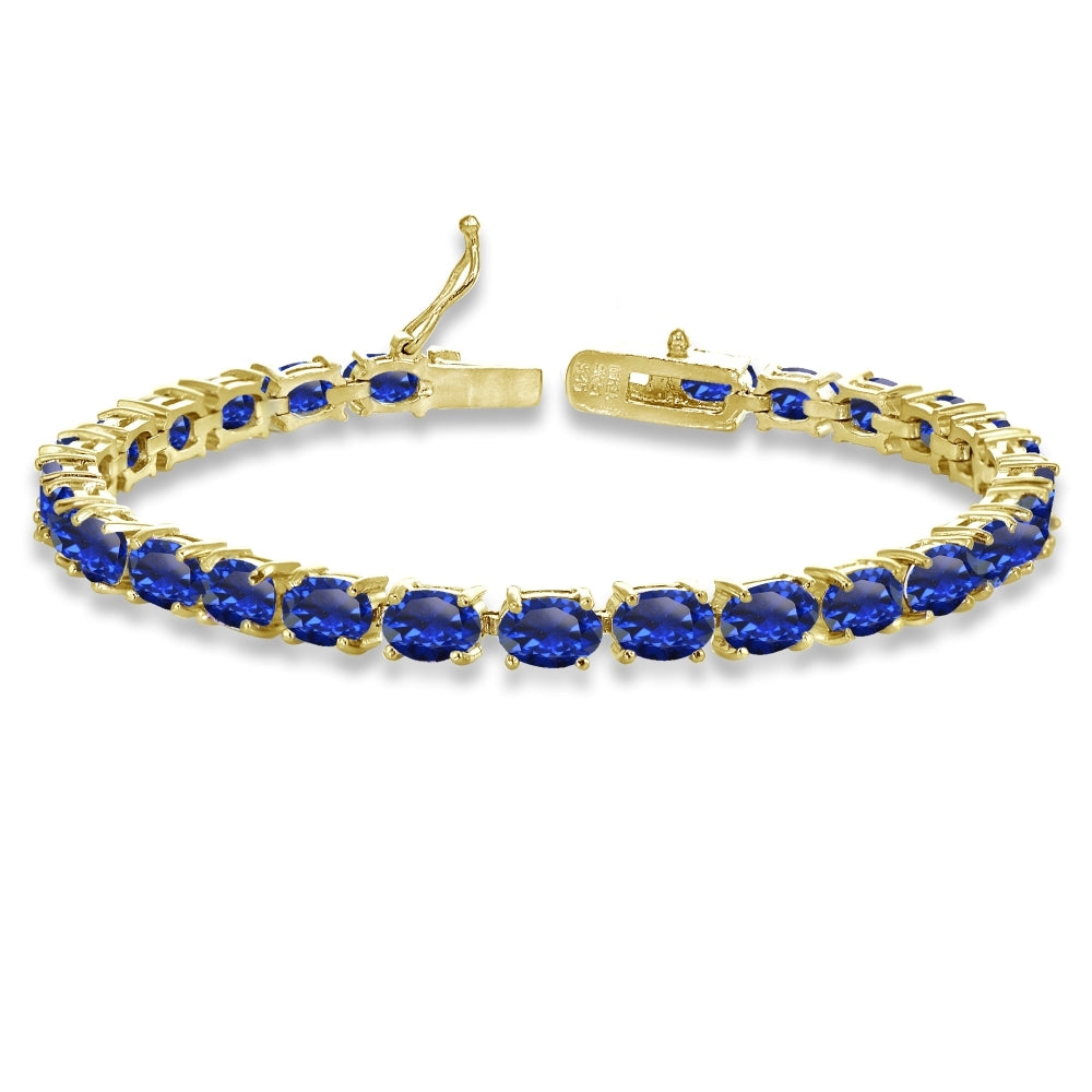 Yellow Gold Flashed Sterling Silver 6X4mm Created Blue Sapphire Oval-cut Tennis Bracelet