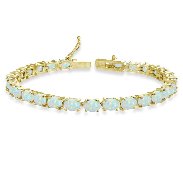 Yellow Gold Flashed Sterling Silver 6X4mm Created White Opal Oval-cut Tennis Bracelet