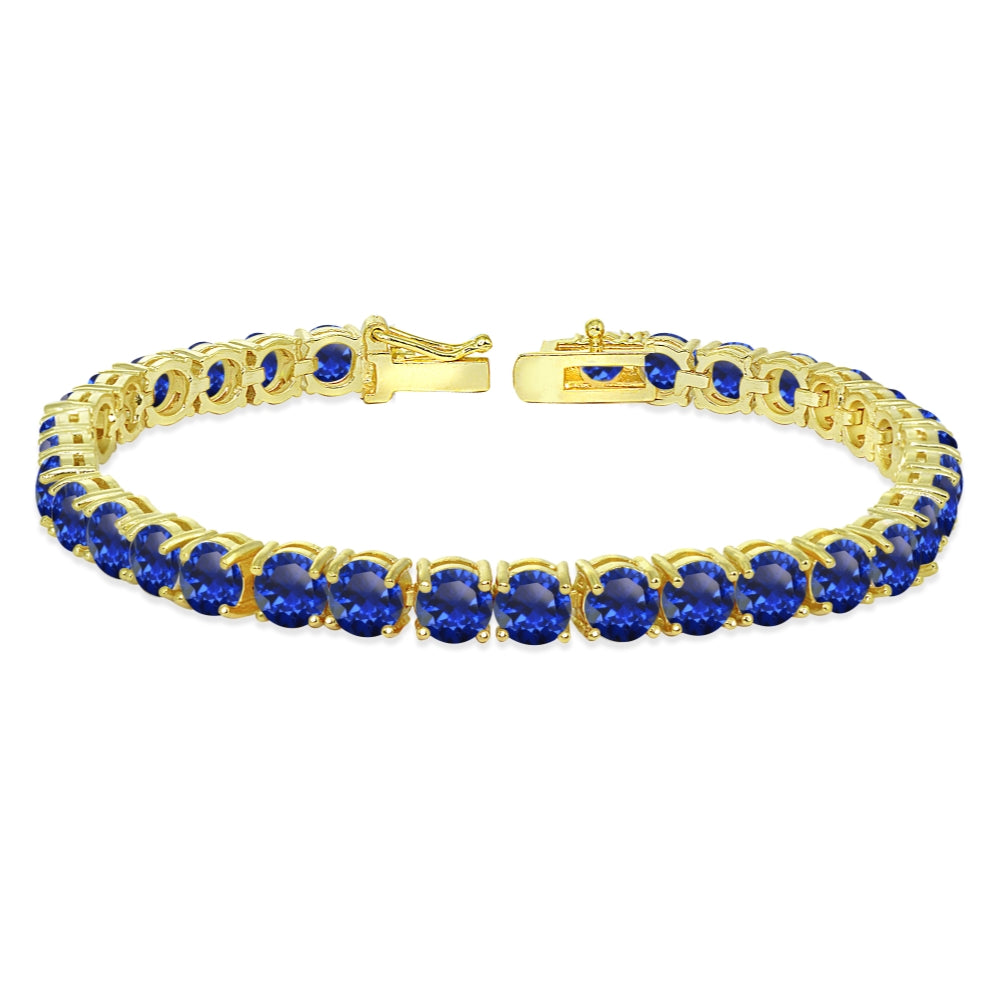 Yellow Gold Flashed Sterling Silver 5mm Created Blue Sapphire Round-cut Tennis Bracelet-5