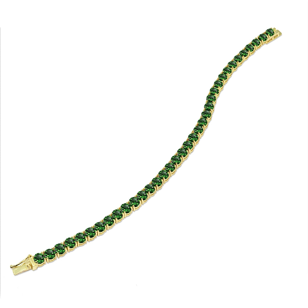 Yellow Gold Flashed Sterling Silver 5mm Created Emerald Round-cut Tennis Bracelet-3