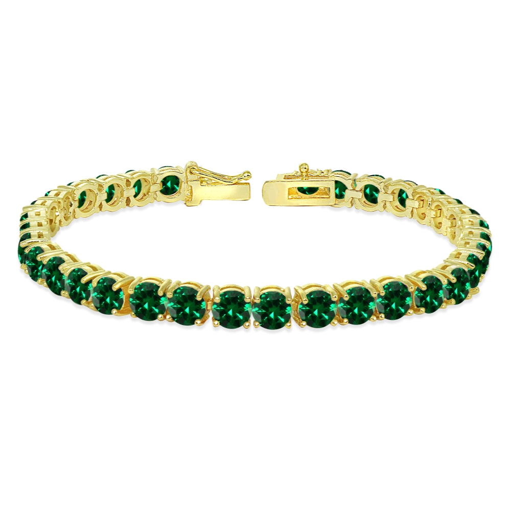 Yellow Gold Flashed Sterling Silver 5mm Created Emerald Round-cut Tennis Bracelet-5