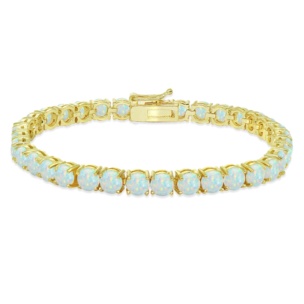 Yellow Gold Flashed Sterling Silver 5mm Created White Opal Round-cut Tennis Bracelet