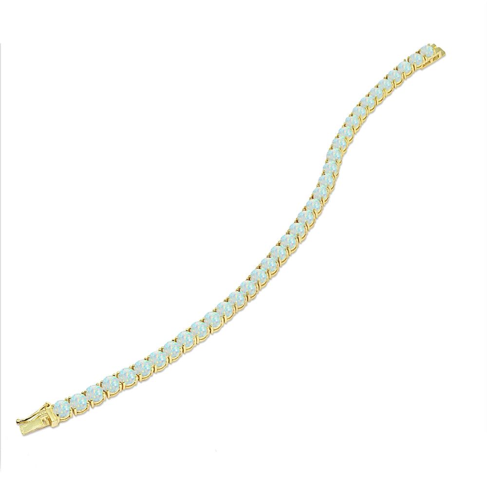 Yellow Gold Flashed Sterling Silver 5mm Created White Opal Round-cut Tennis Bracelet-3