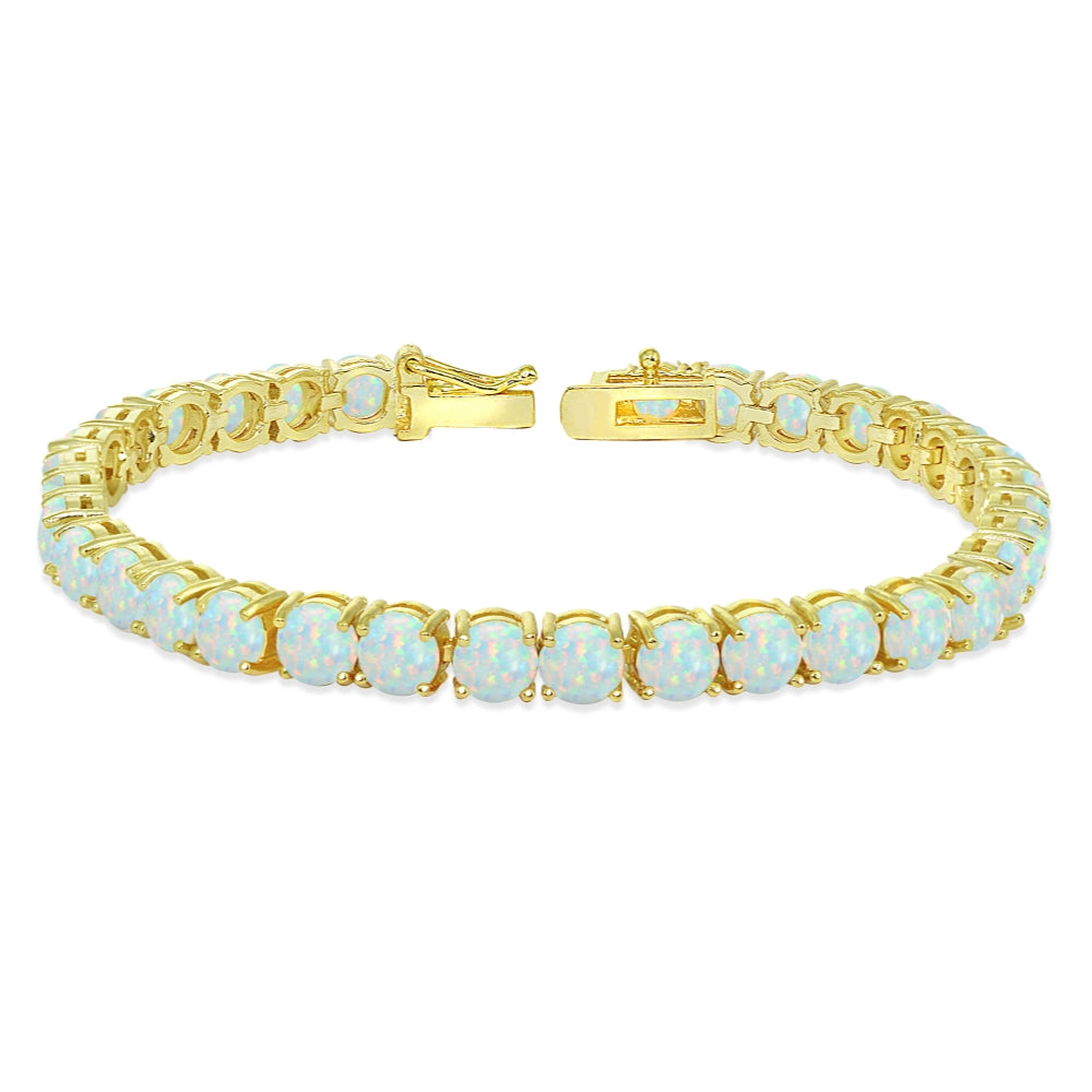Yellow Gold Flashed Sterling Silver 5mm Created White Opal Round-cut Tennis Bracelet-5