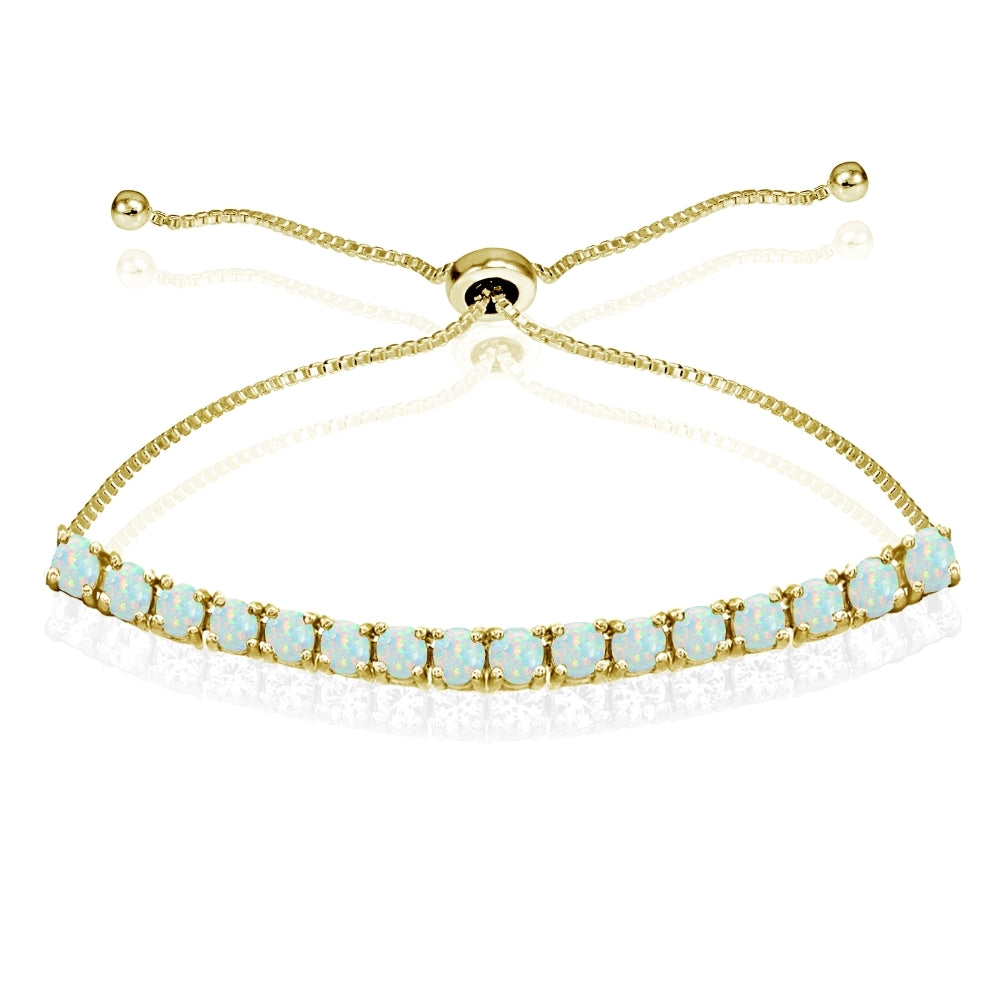 Yellow Gold Flashed Sterling Silver 3mm Created White Opal Round-cut Chain Adjustable Pull-String Bolo Slider Tennis Bracelet for Women Teens Girls