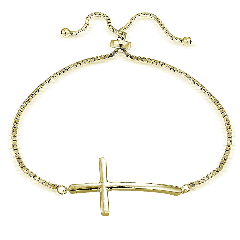 Yellow Gold Flashed Sterling Silver Cross Polished Adjustable Bracelet