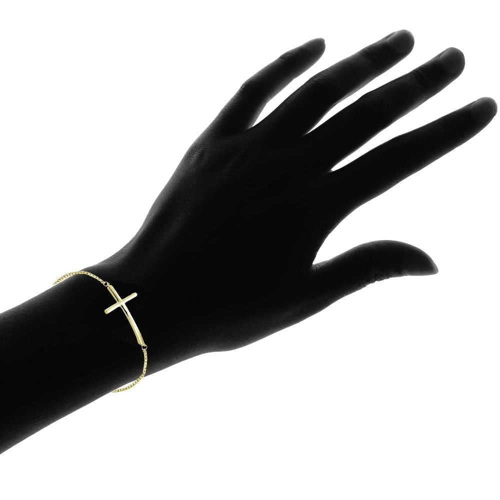 Yellow Gold Flashed Sterling Silver Cross Polished Adjustable Bracelet-4