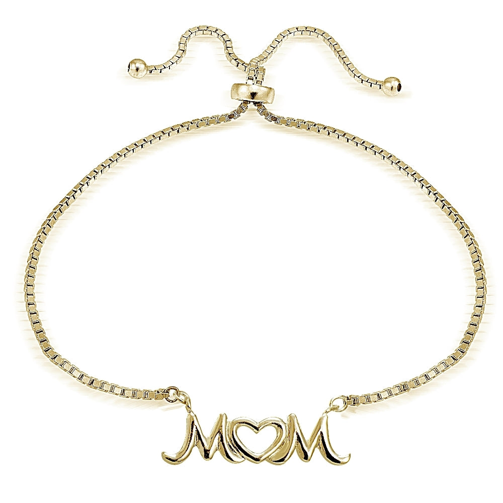 Gold Tone over Sterling Silver MOM Open Heart Polished Adjustable Bracelet