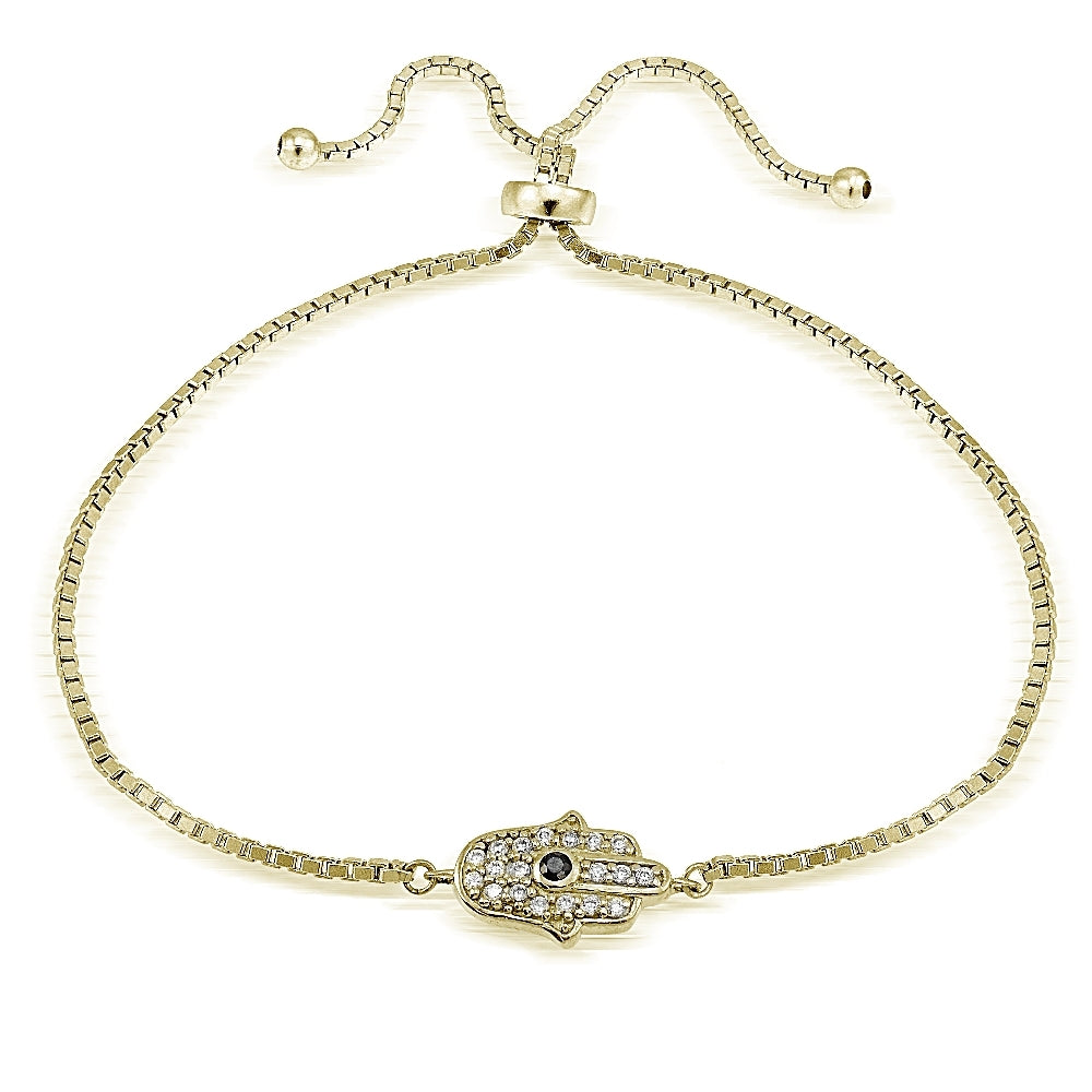 Gold Tone over Sterling Silver Cubic Zirconia Hamsa Hand Adjustable Bracelet