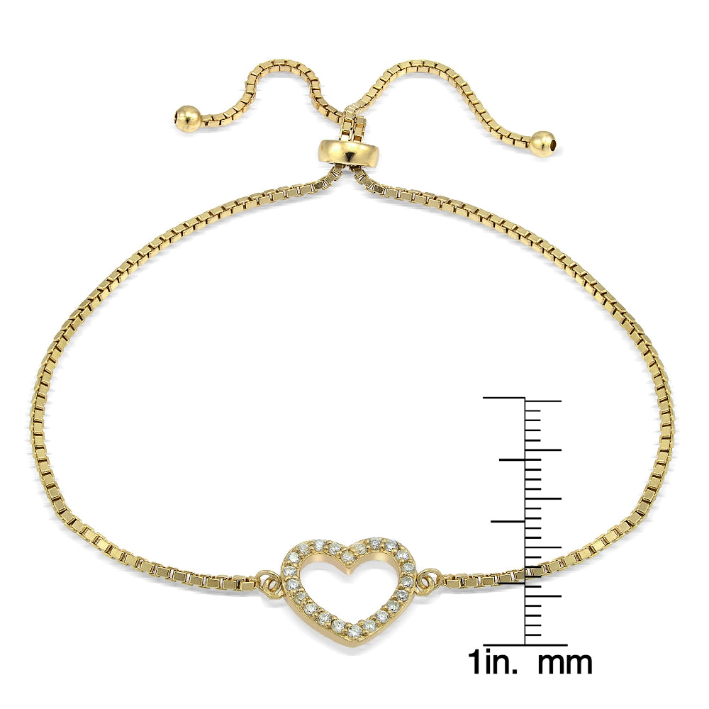 Gold Tone over Sterling Silver Cubic Zirconia Open Heart Adjustable Bracelet-2
