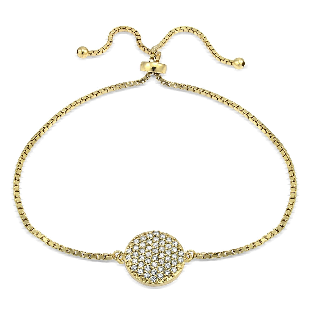 Gold Tone over Sterling Silver Cubic Zirconia Circle Charm Adjustable Bracelet