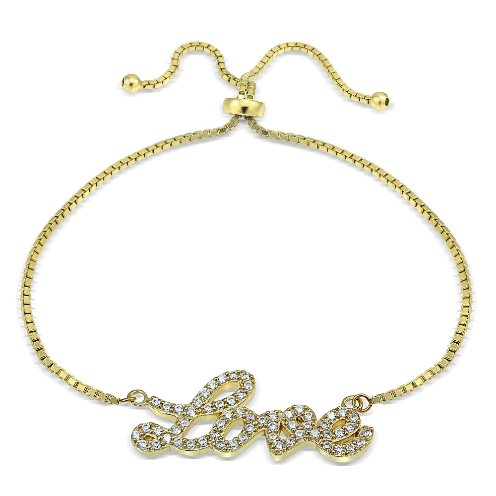 Gold Tone over Sterling Silver Cubic Zirconia 'Love' Adjustable Bracelet