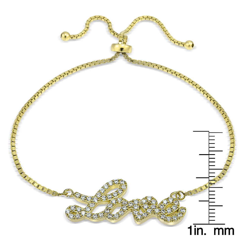 Gold Tone over Sterling Silver Cubic Zirconia 'Love' Adjustable Bracelet-2