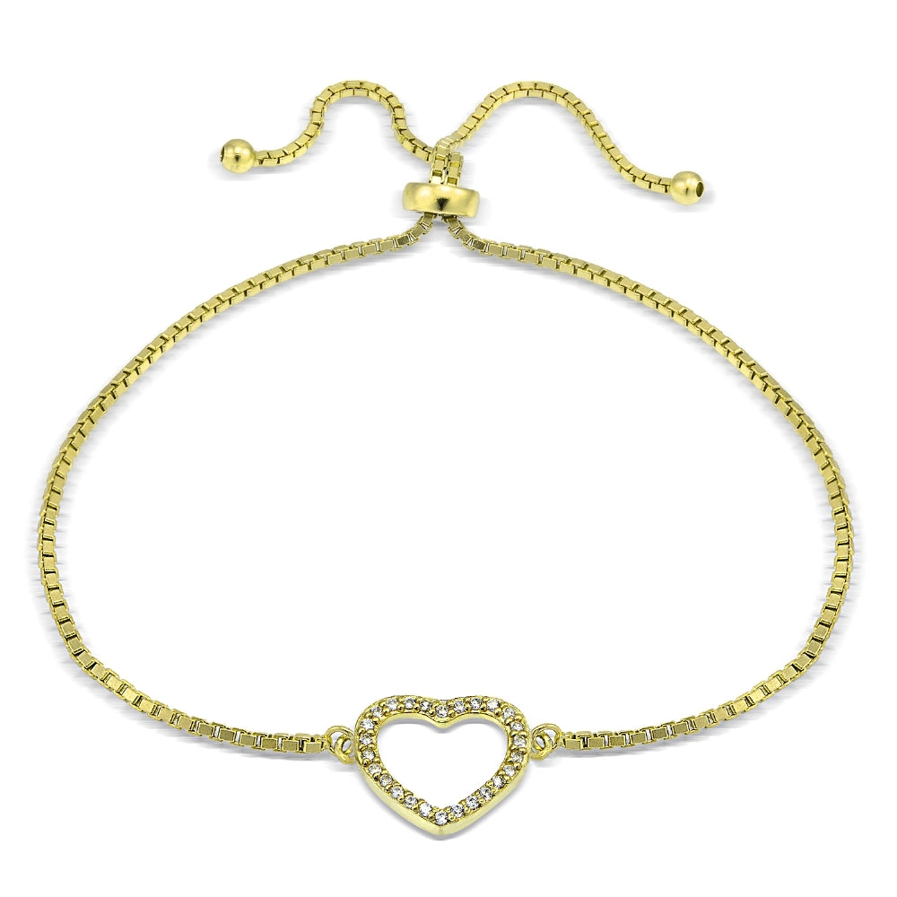 Gold Tone over Sterling Silver Cubic Zirconia Open Heart Adjustable Bracelet