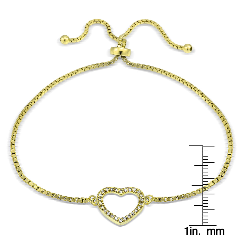 Gold Tone over Sterling Silver Cubic Zirconia Open Heart Adjustable Bracelet-2