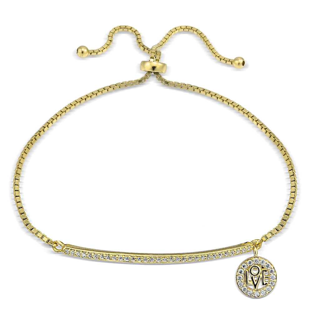 Gold Tone over Sterling Silver  Cubic Zirconia 'Love' Charm Bar Adjustable Bracelet