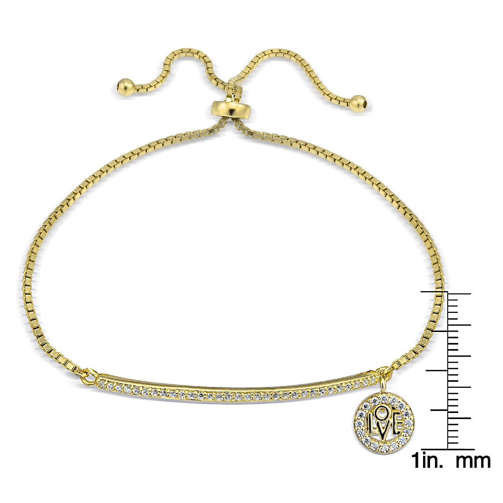Gold Tone over Sterling Silver  Cubic Zirconia 'Love' Charm Bar Adjustable Bracelet-2