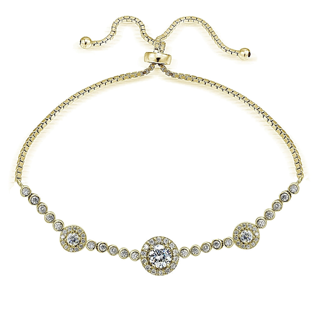 Gold Tone over Sterling Silver Cubic Zirconia 3-Stone Halo Adjustable Bracelet