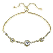 Gold Tone over Sterling Silver Cubic Zirconia 3-Stone Halo Adjustable Bracelet
