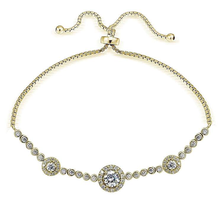 Gold Tone over Sterling Silver Cubic Zirconia 3-Stone Halo Adjustable Bracelet
