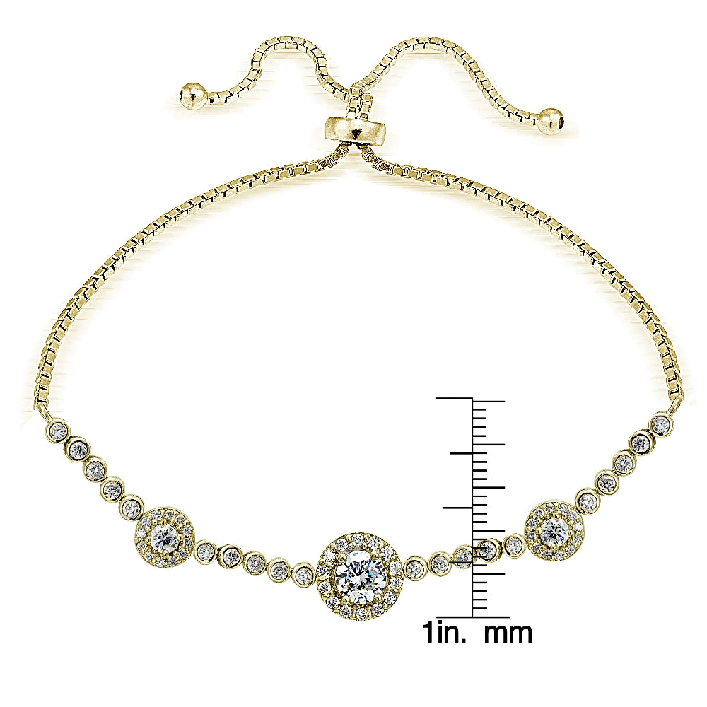Gold Tone over Sterling Silver Cubic Zirconia 3-Stone Halo Adjustable Bracelet-3