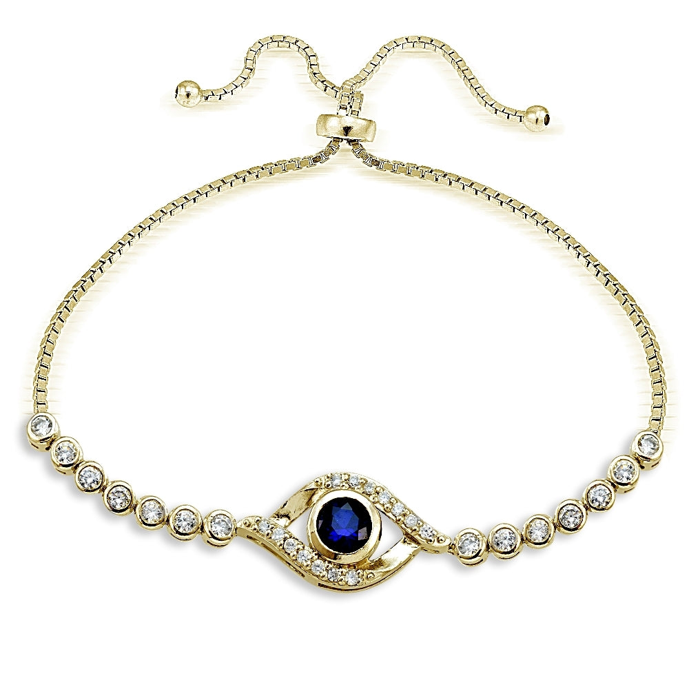 Gold Tone over Sterling Silver Blue Cubic Zirconia Evil Eye Adjustable Bracelet