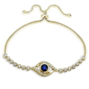Gold Tone over Sterling Silver Blue Cubic Zirconia Evil Eye Adjustable Bracelet
